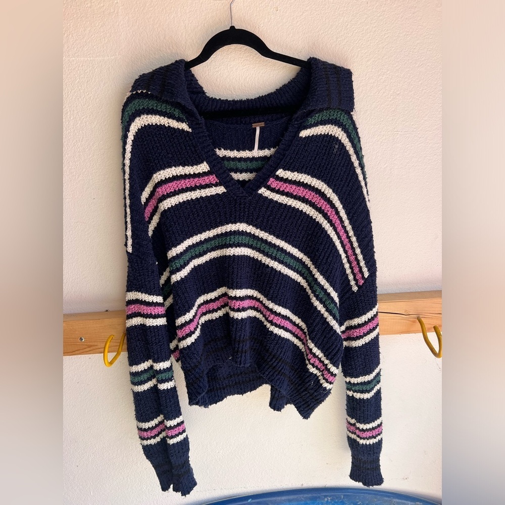 Free people Striped Navy Sweater with Pink and White Accents